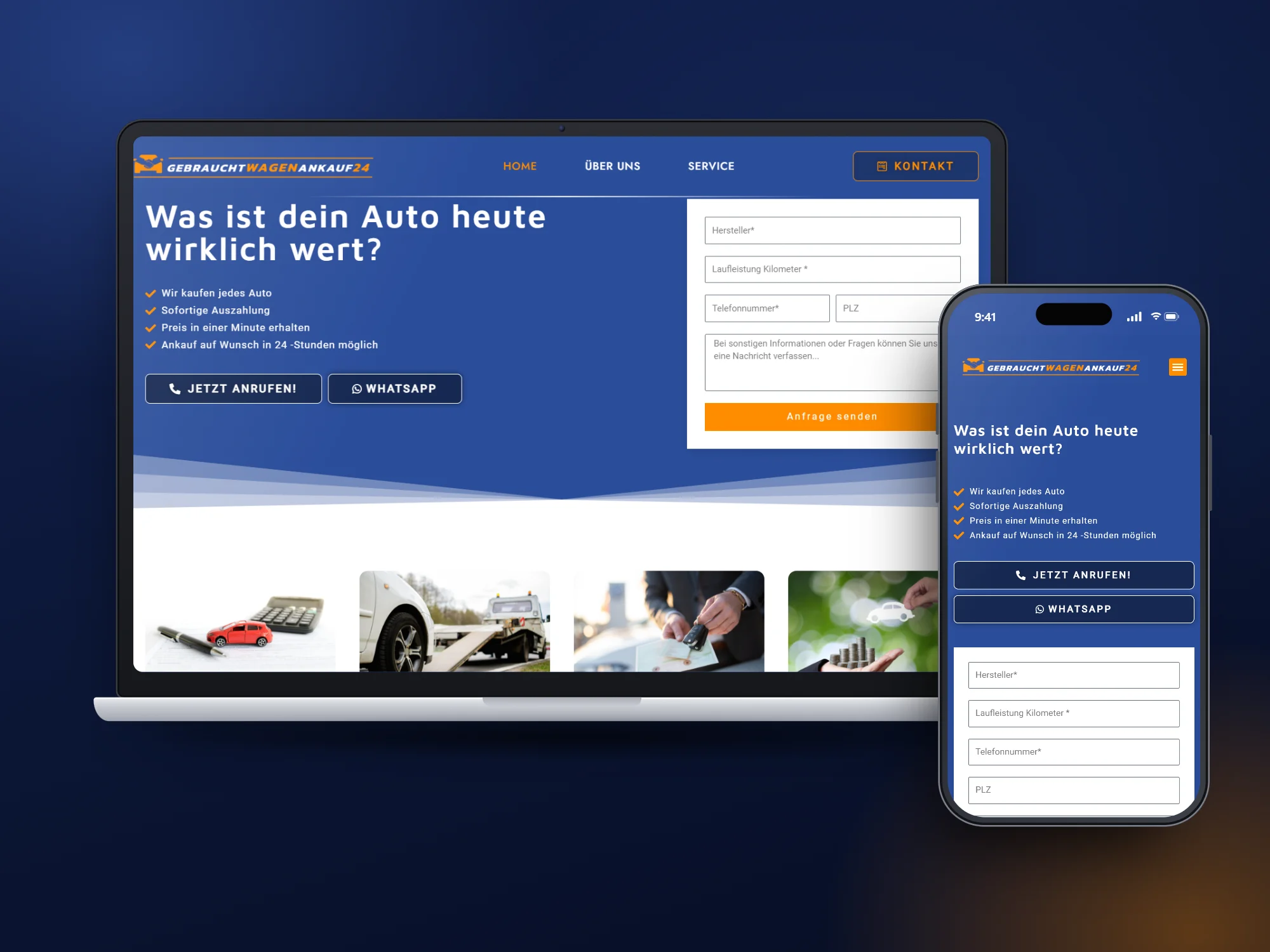 Gebrauchtwagenankauf 24 auf Laptop und Smartphone